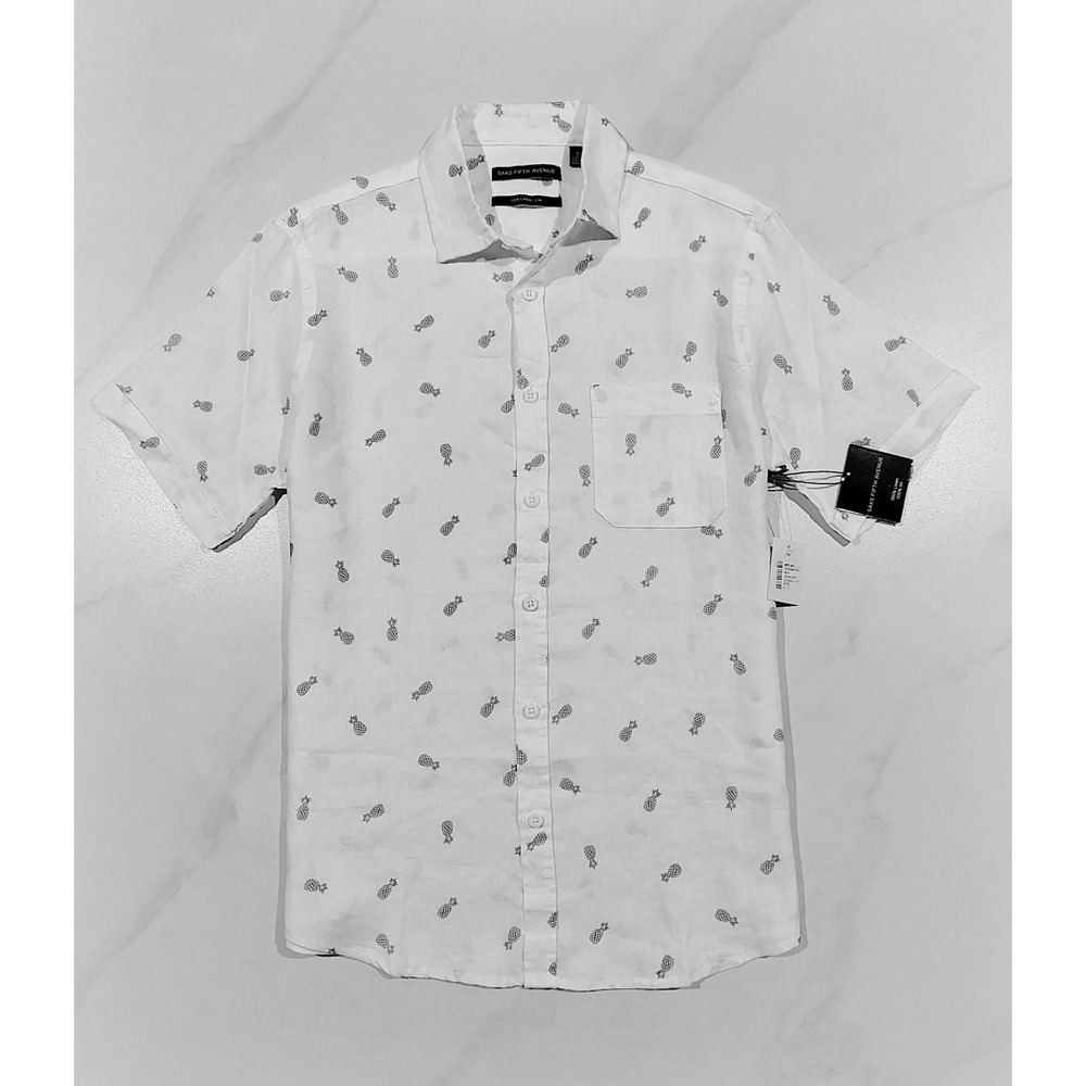 Saks Fifth Avenue Linen Shirt Mens Pineapple Print  Medium White NWT Casual M - Picture 3 of 11
